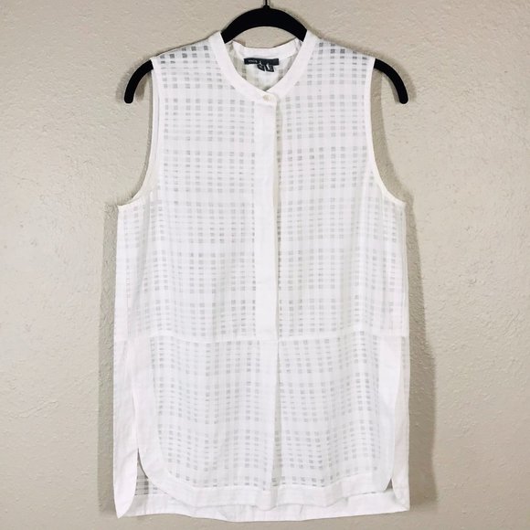 Vince White High Crew Neck Sheer Button Down Split Rounded Hem Tank Top - Picture 1 of 11